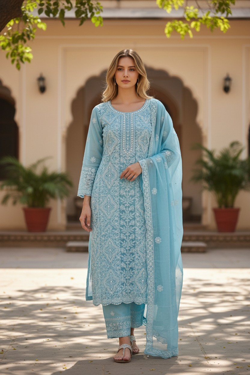 Unstitched Georgette Chikankari Dress Material | Hand Embroidered Kurta, Bottom & Dupatta