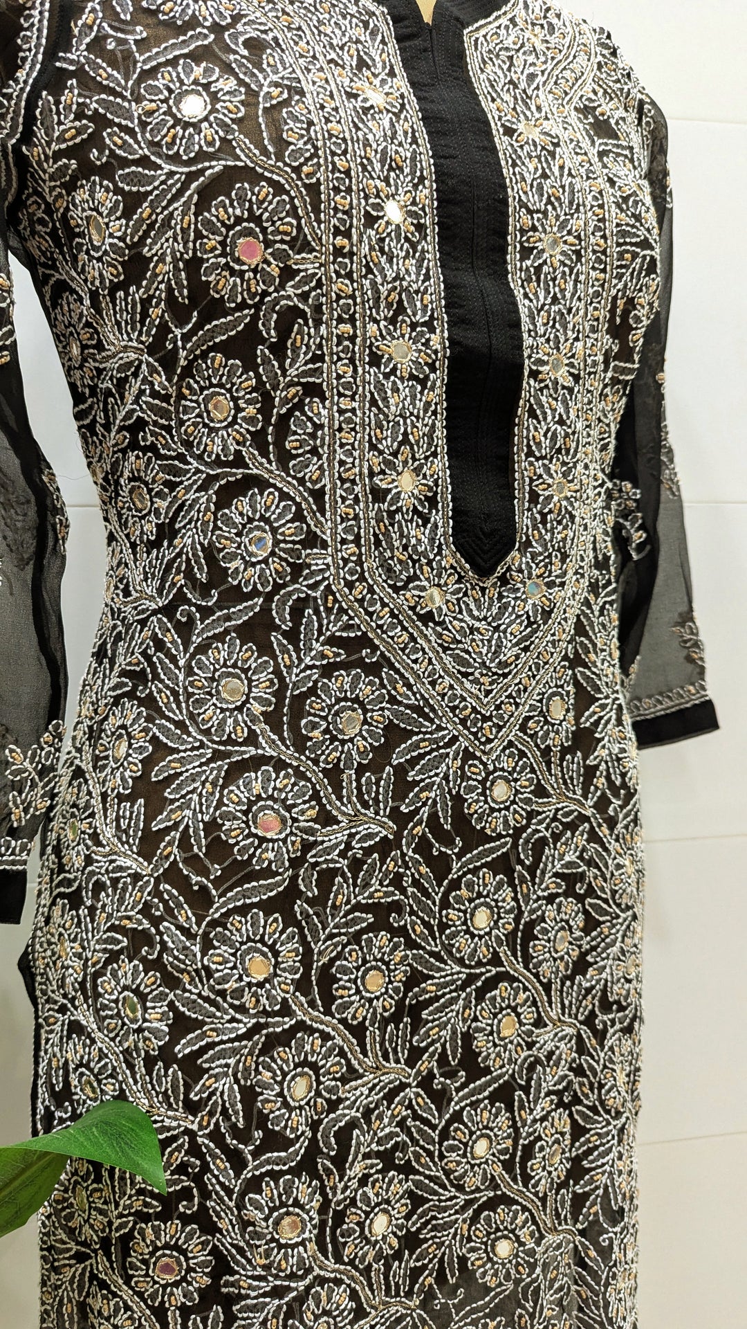 Raha Women’s Georgette Chikankari Kurti –Pearl, mirror n aari work -Designer Hand Embroidered Lucknowi Craft by Paridhan Chikan