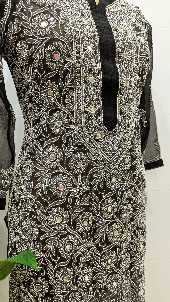 Raha Women’s Georgette Chikankari Kurti –Pearl, mirror n aari work -Designer Hand Embroidered Lucknowi Craft by Paridhan Chikan