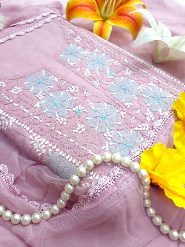 Lucknow Chikankari Hand Embroidered Cotton Dress Material with Tri-Color Motifs & Pure Chiffon Dupatta