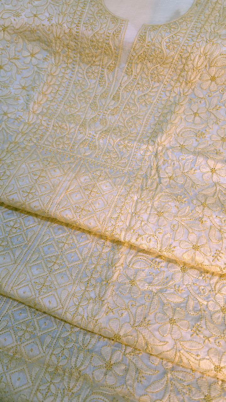 Pure Paper Silk Chikankari Fabric | Full Jaal Hand Embroidery Kurta Fabric for Women