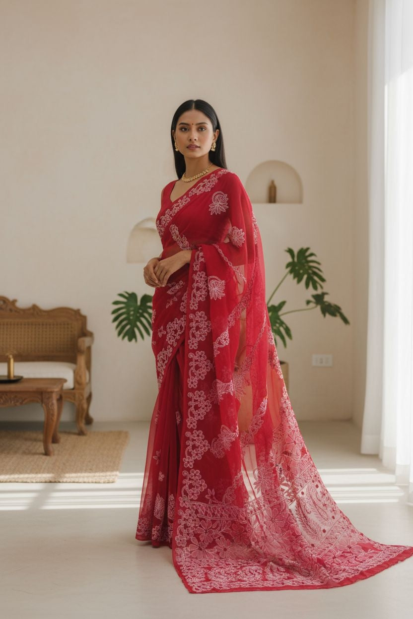 Red Georgette Designer Chikankari Saree with Blouse – 100% Hand Embroidery, Authentic Lucknowi Craft