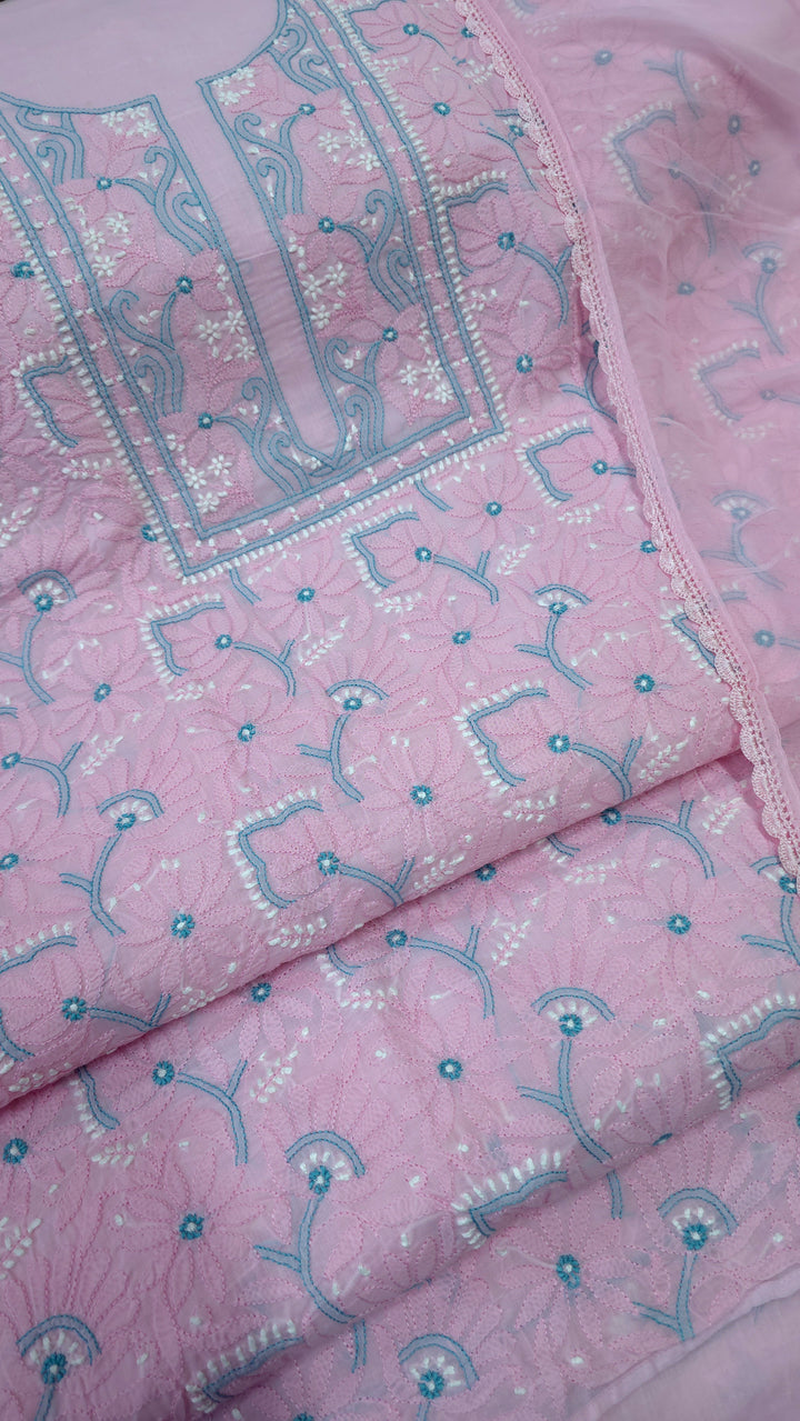 Lucknow Chikankari Hand Embroidered Cotton Dress Material with Tri-Color Motifs & Pure Chiffon Dupatta