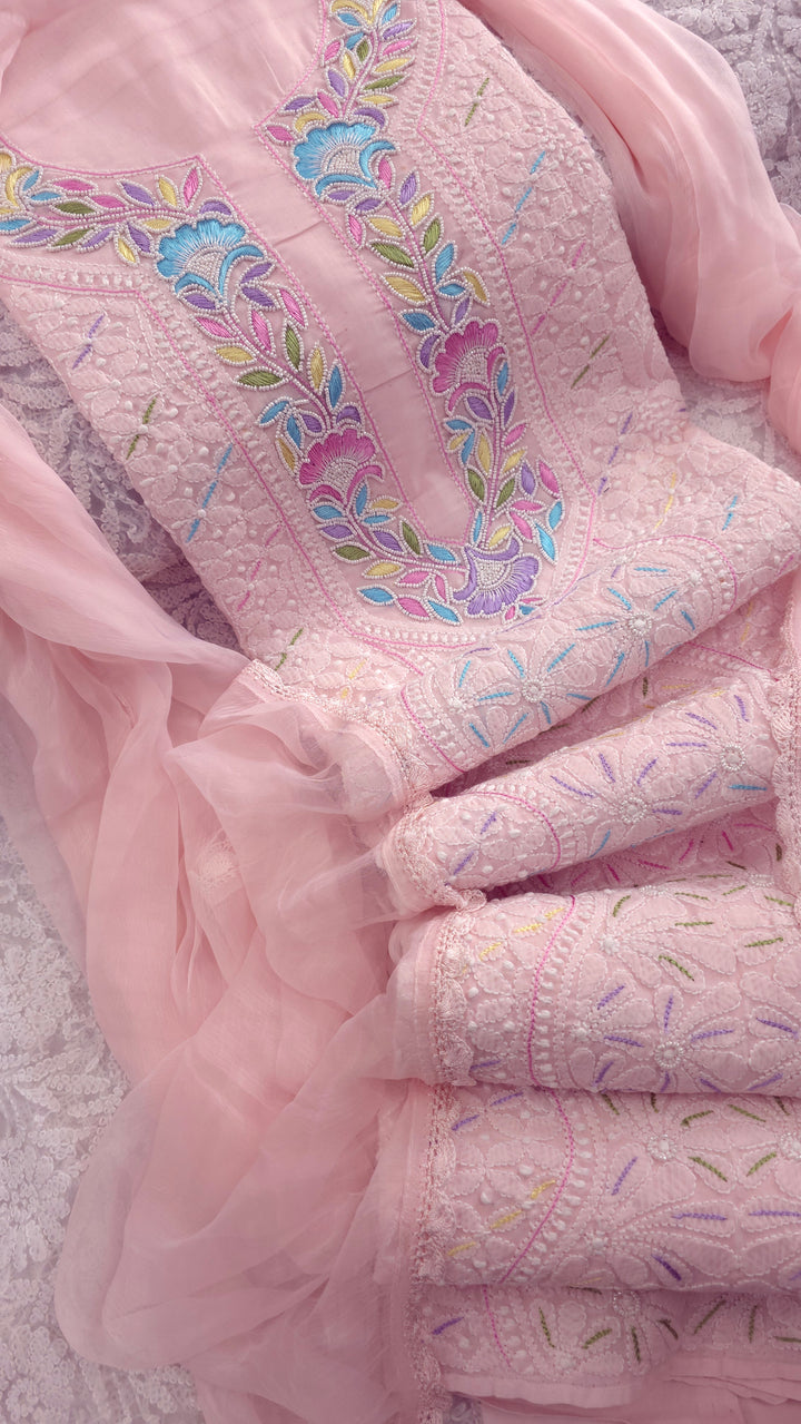 Cotton Resham Neckline chikankari dress material- Baby Pink