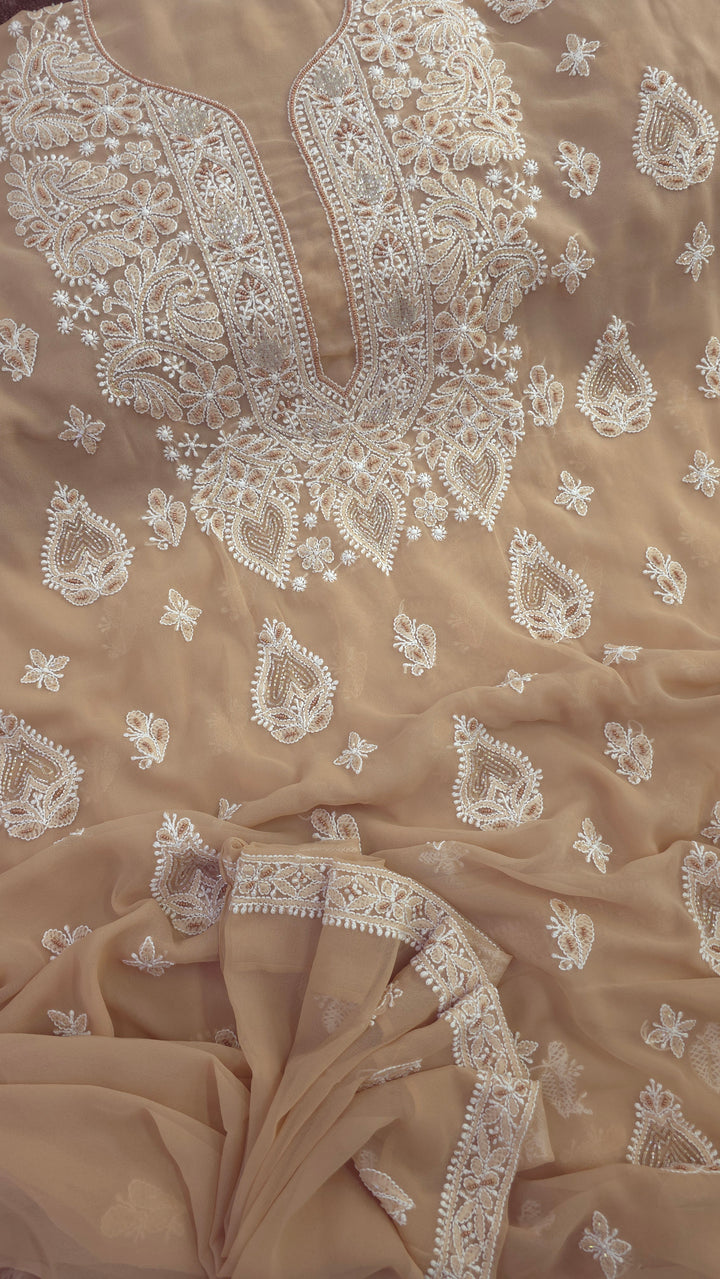 Alina Heavy Embellished Georgette Chikankari Unstitched Dress Material | Cutdana Handwork