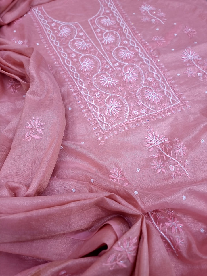 Soft Tissue Chikankari Unstitched Dress Material | 3 Taar Hand Embroidery with Pearl & Cutdana Work + Golden Border Dupatta