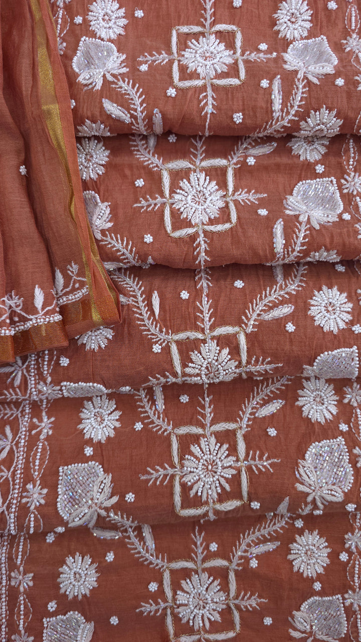 Premium Mul Chanderi Pearl, Cutdana & Kasab Hand Embroidered Unstitched Suit Set