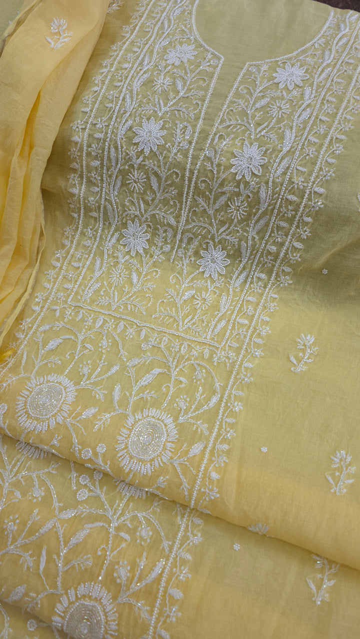 Premium Mul Chanderi Pearl, Cutdana & Kasab Hand Embroidered Unstitched Suit Set