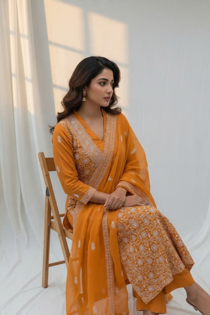 Unstitched Georgette Chikankari Dress Material | Hand Embroidered Kurta, Bottom & Dupatta
