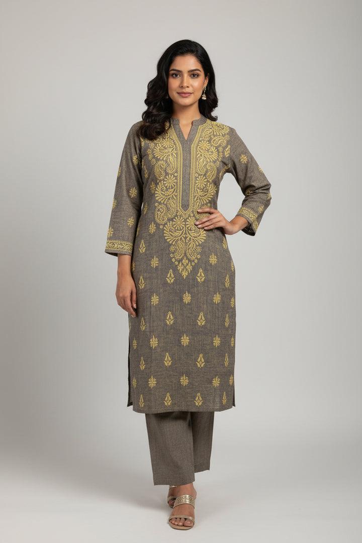 Pure Cotton Linen Lucknowi Chikankari Long Kurti | 100% Hand Embroidered | Non-Transparent | No Shrinkage
