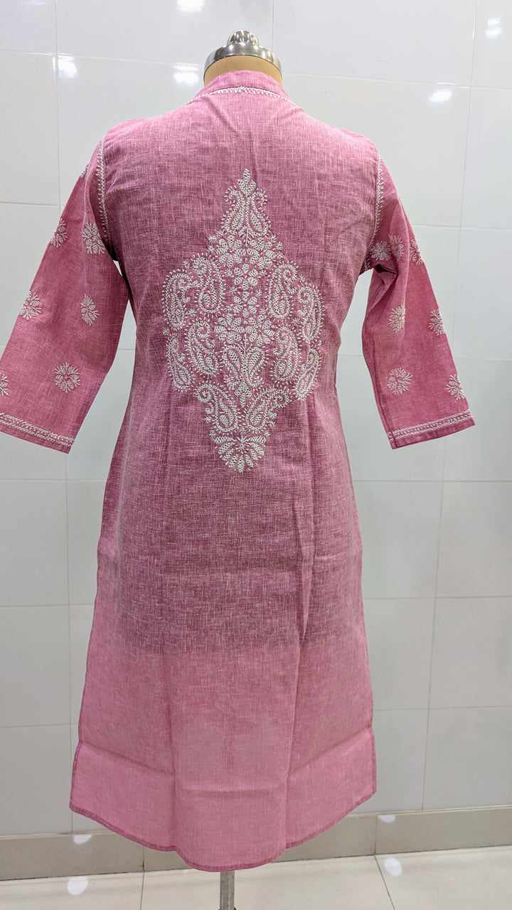 Pure Cotton Linen Lucknowi Chikankari Long Kurti | 100% Hand Embroidered | Non-Transparent | No Shrinkage