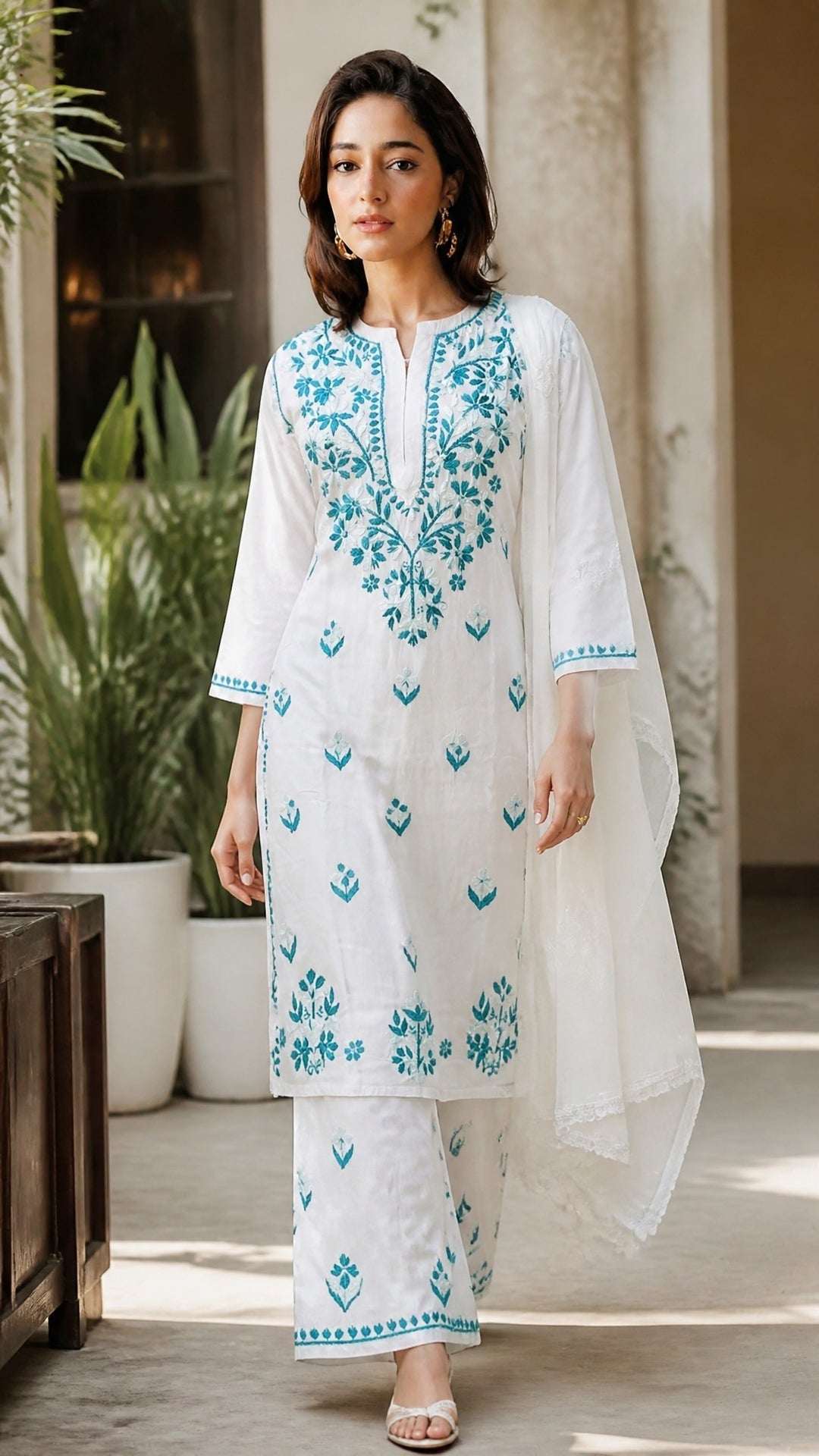 Ananya Rayon Colored Thread Chikankari Kurta Palazzo Dupatta Set | Lucknow Hand Embroidery | Paridhan Chikan