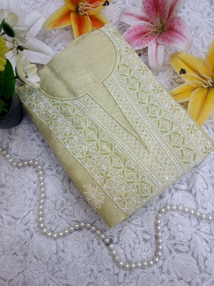 Lucknowi Chikankari Chanderi Fabric – Hand-Embroidered Kurta & Dupatta with Pearl, Resham & Badla Work
