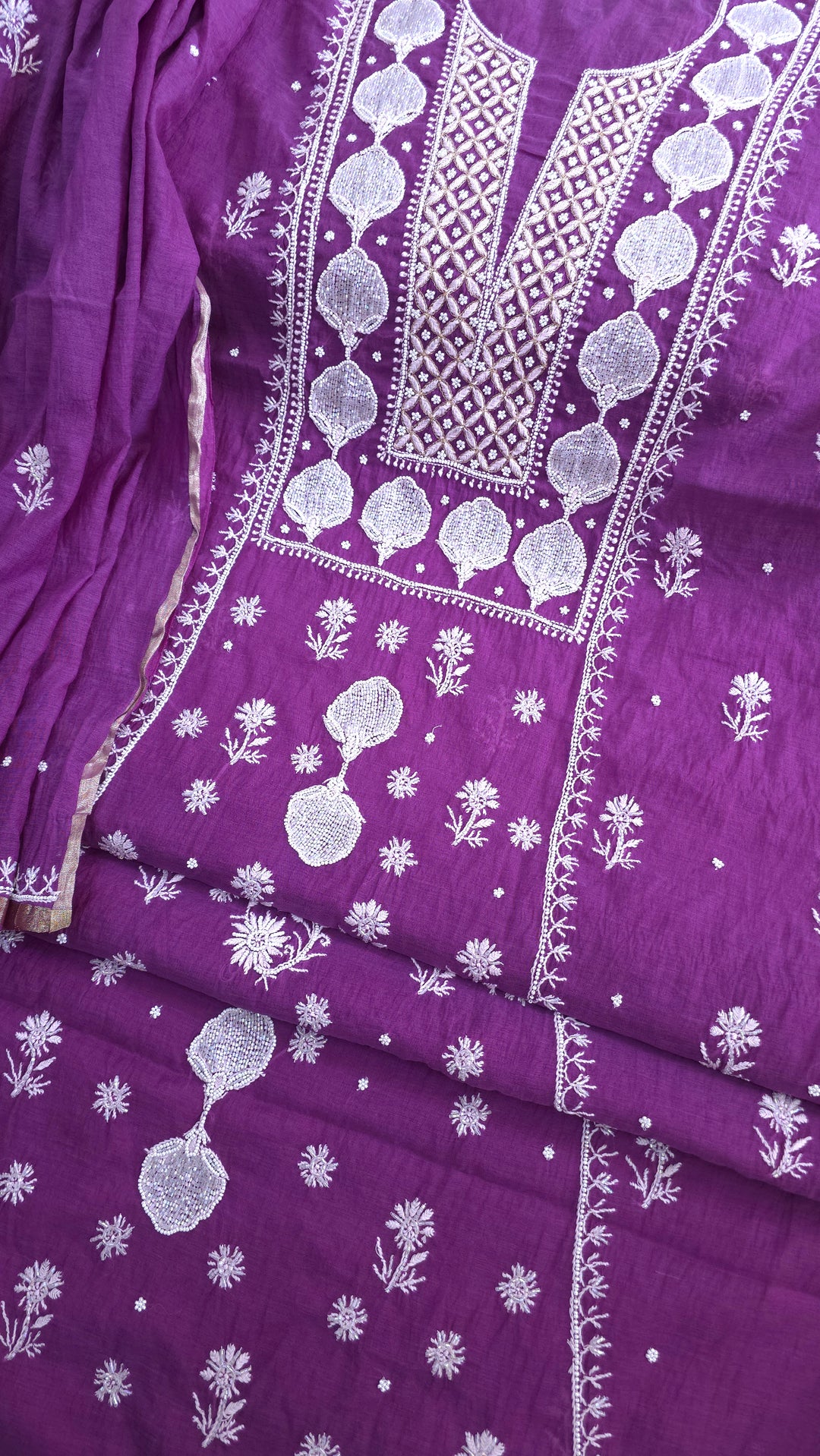 Premium Mul Chanderi Pearl, Cutdana & Kasab Hand Embroidered Unstitched Suit Set
