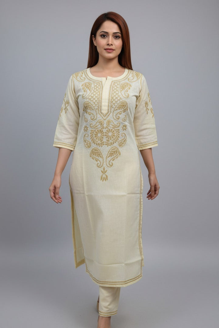 Pure Cotton Linen Lucknowi Chikankari Long Kurti | 100% Hand Embroidered | Non-Transparent | No Shrinkage