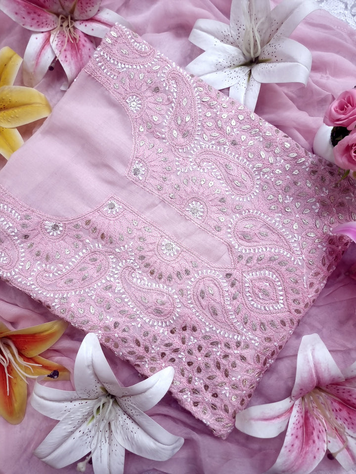 Pink Unstitched Soft Cotton Chikankari Suit Set – Aari, Kasab & Gotta Patti Embellished with Pure Chiffon Dupatta (Copy)