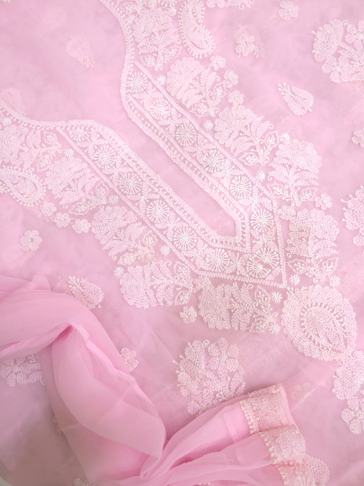 Lucknowi Georgette Chikankari Dress Material – Hand Embroidery Kurta, Bottom & Dupatta | Festive Queen Shades