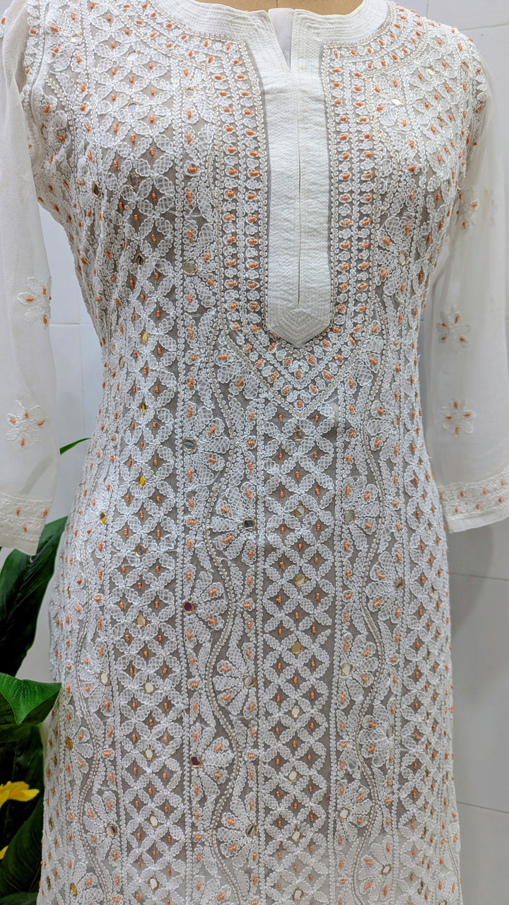 Raha Women’s Georgette Chikankari Kurti –Pearl, mirror n aari work -Designer Hand Embroidered Lucknowi Craft by Paridhan Chikan