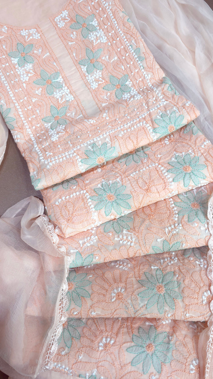 Lucknow Chikankari Hand Embroidered Cotton Dress Material with Tri-Color Motifs & Pure Chiffon Dupatta