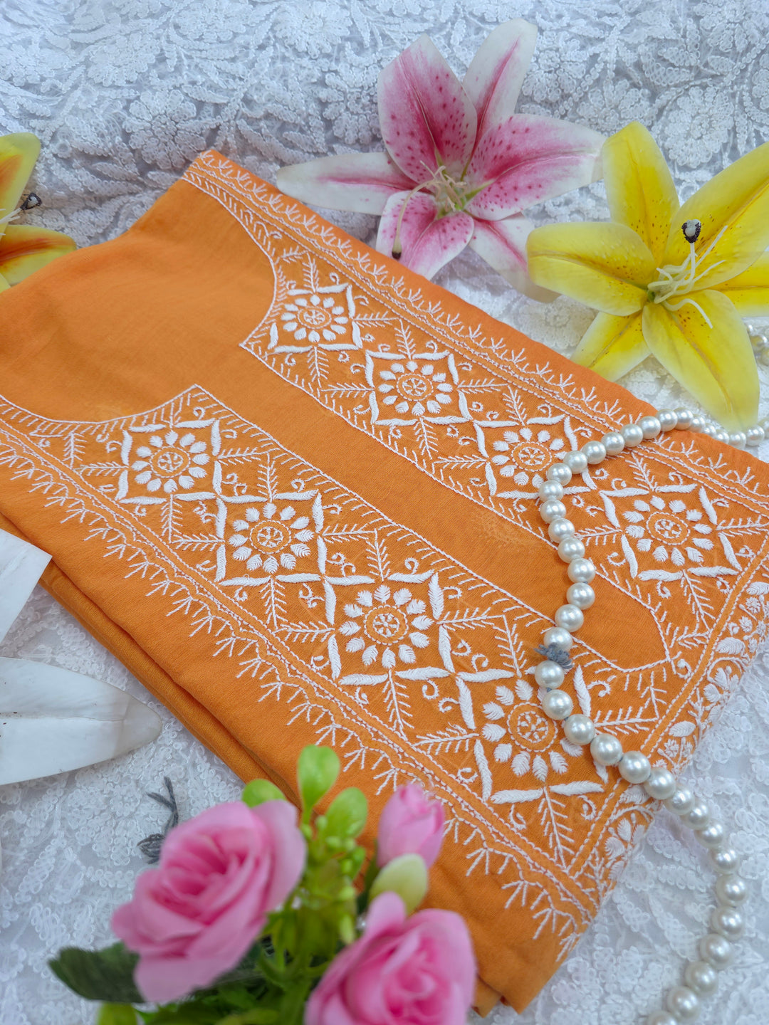 Lucknowi 2 Taar Chikankari Chanderi Kurta Dupatta Set – Handmade Festive Wear