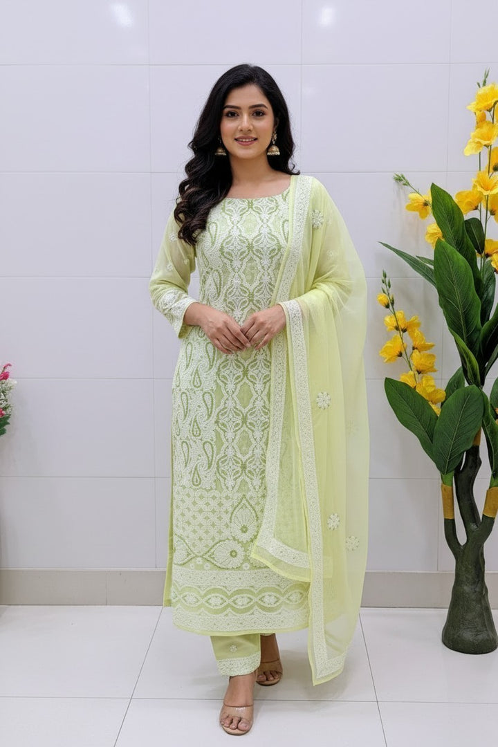 Unstitched Georgette Chikankari Dress Material | Hand Embroidered Kurta, Bottom & Dupatta