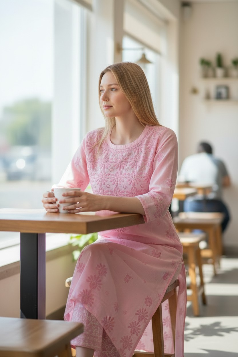 Soft Cotton Chikankari Hand Embroidered Kurti for Women | Premium Soft & Non-Transparent Fabric | 46 Inch Length | Lucknowi Chikan Kurta