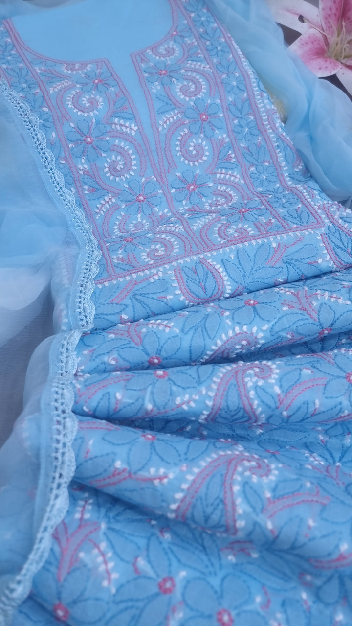 Lucknow Chikankari Hand Embroidered Cotton Dress Material with Tri-Color Motifs & Pure Chiffon Dupatta