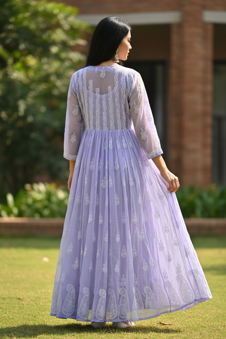 Georgette Lucknowi Chikankari 50" Long Anarkali Kurti | 100% Hand Embroidered| No Shrinkage