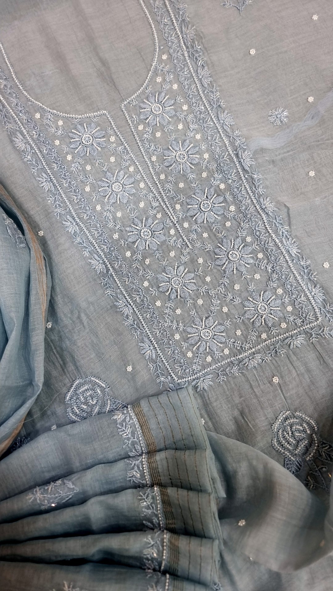 Premium Mul Chanderi Supersoft Dyeable Chikankari Dress Material | Hand Embroidered with Pearls & Cutdaana | Kurta & Dupatta Set