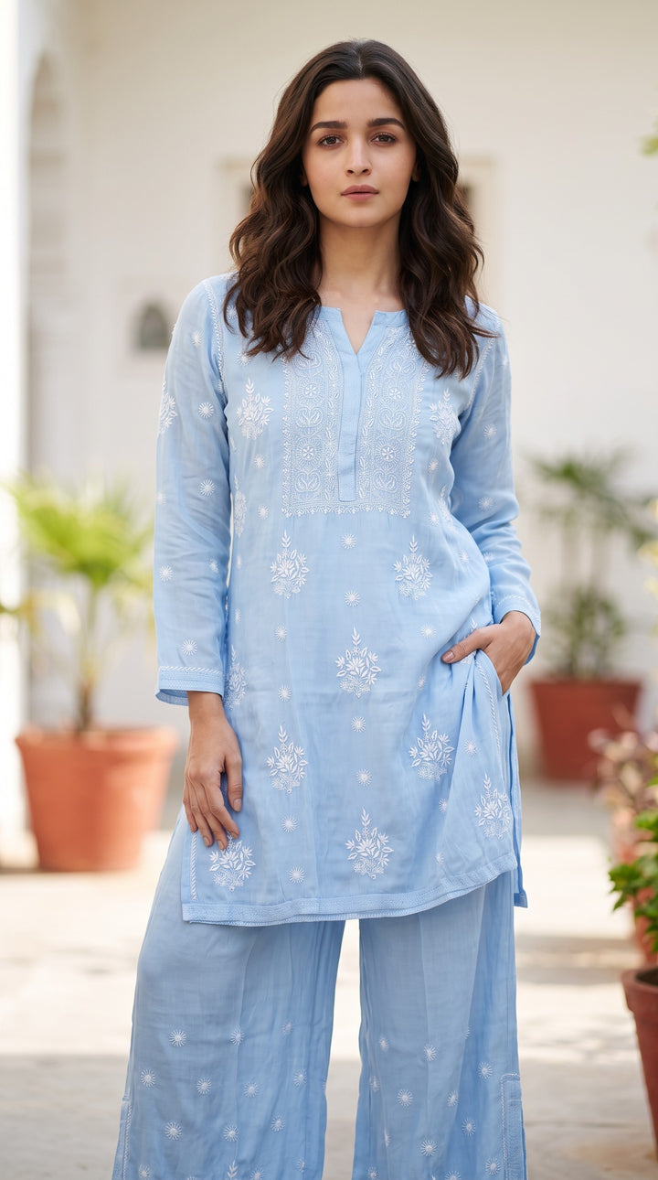 Luxe-Pure Modal satin luxurious kurti pants set with *2 taar chikankari work*