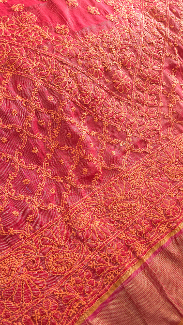 Hand Embroidered Chikankari Banarasi Silk Saree with Intricate Border & Palla Pattern – Includes  Blouse | Paridhan Chikan