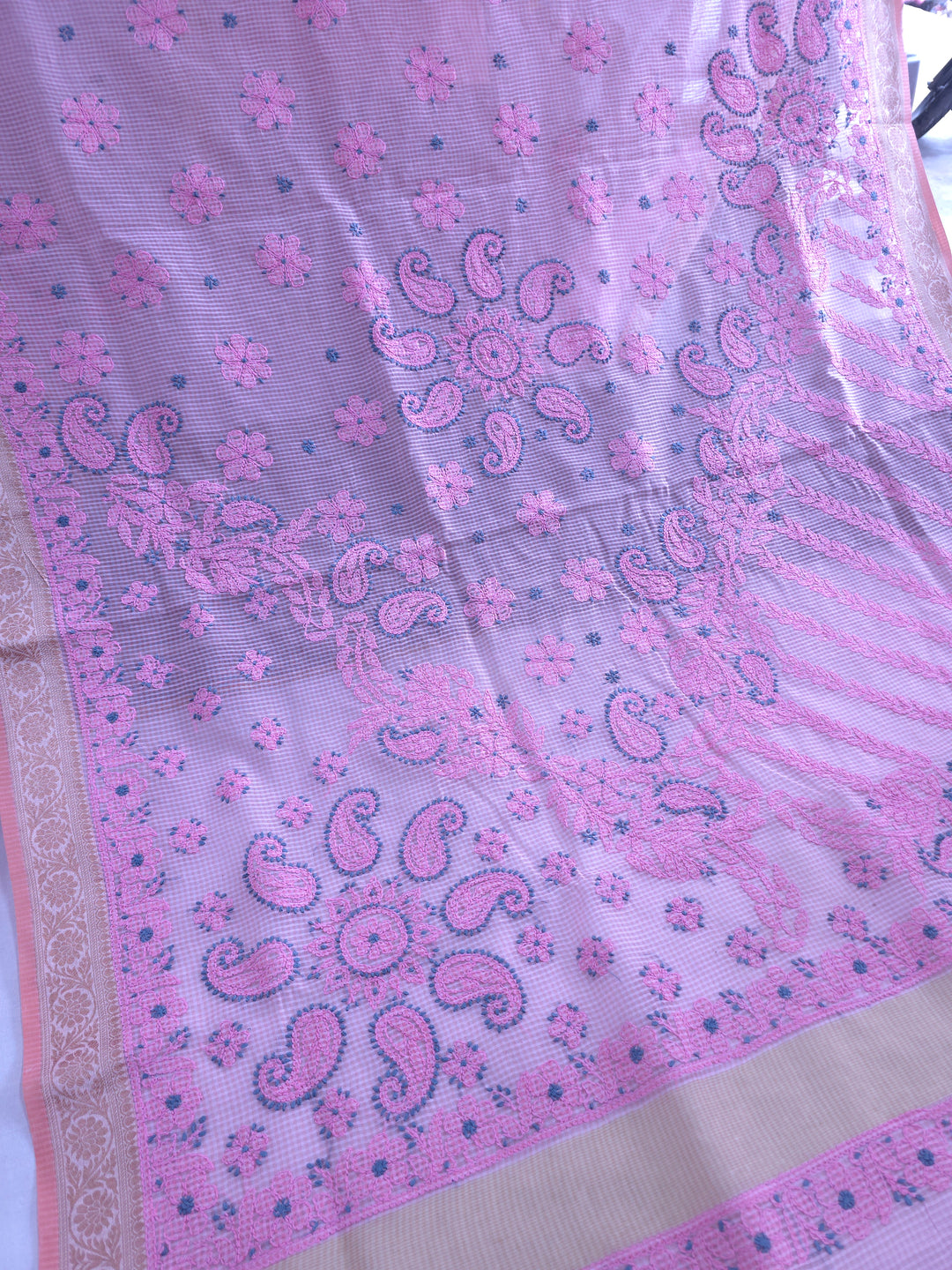 Hand Embroidered Chikankari Banarasi Silk Saree with Intricate Border & Palla Pattern – Includes  Blouse | Paridhan Chikan