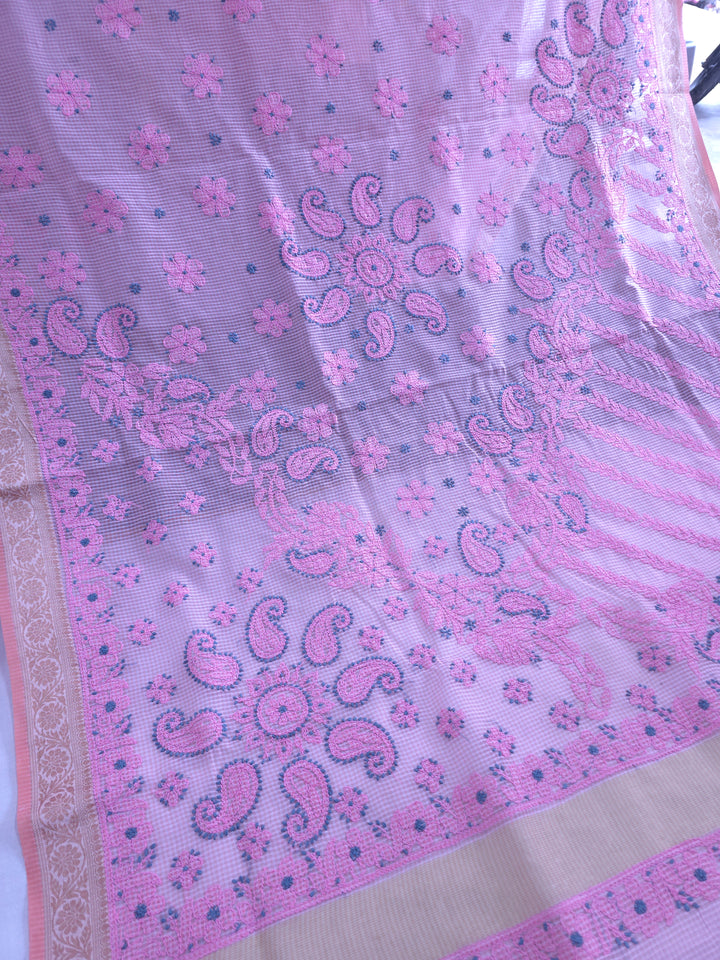 Hand Embroidered Chikankari Banarasi Silk Saree with Intricate Border & Palla Pattern – Includes  Blouse | Paridhan Chikan
