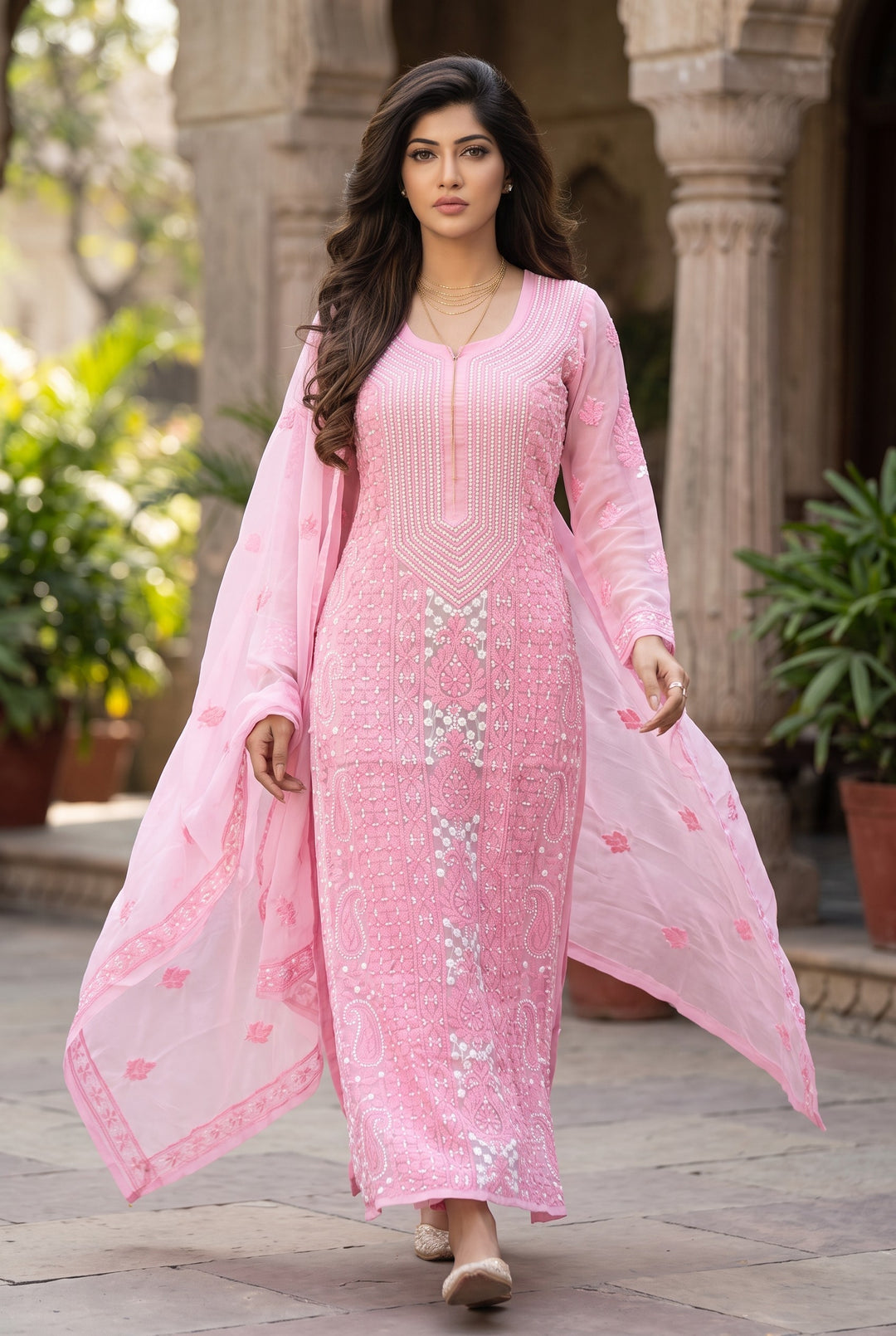 Unstitched Georgette Chikankari Dress Material | Hand Embroidered Kurta, Bottom & Dupatta
