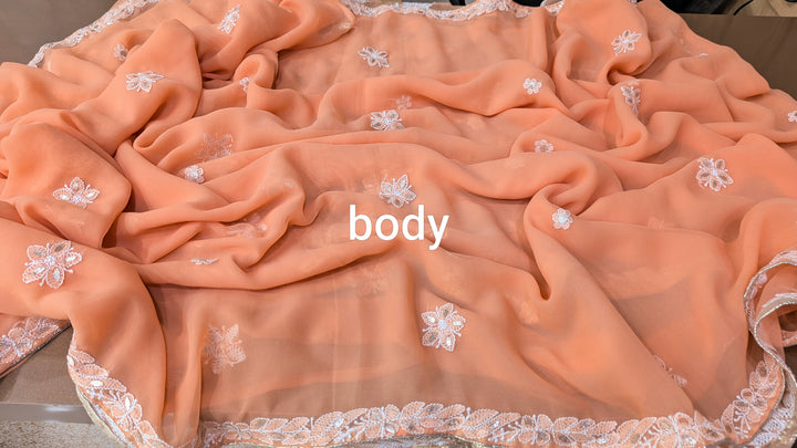 Embellished with Gota Patti | Hand Chikankari Faux Georgette Saree | Lucknowi Embroidery | Designer Festive Wear by Paridhan Chikan