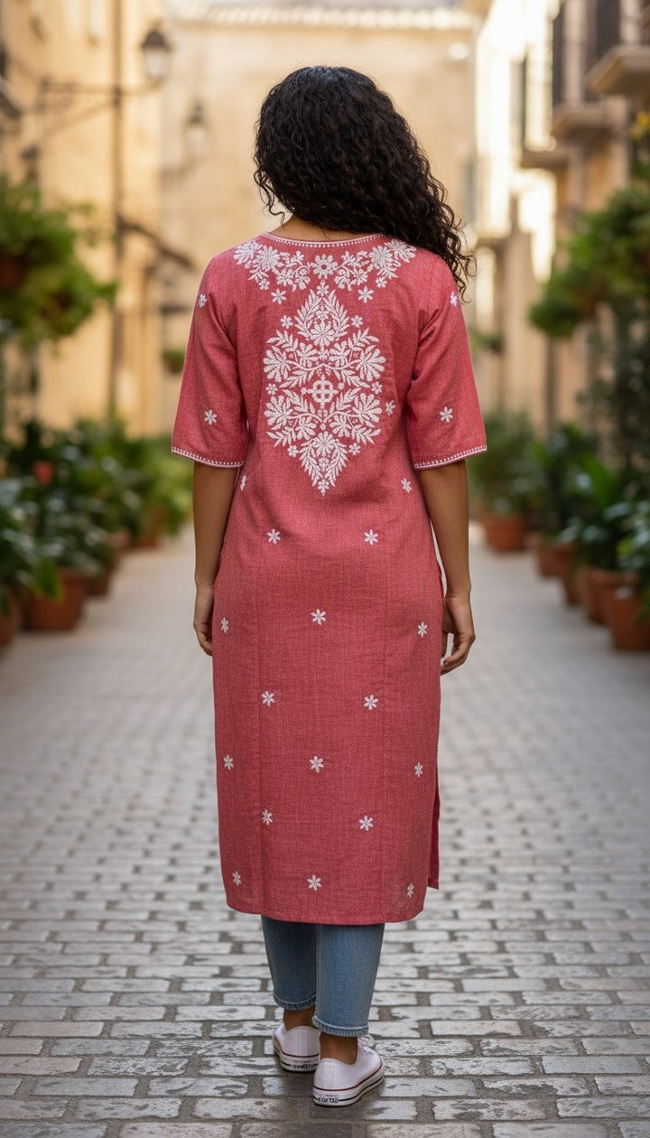 Hand Embroidery Chikankari Linen Kurti - Brick Red