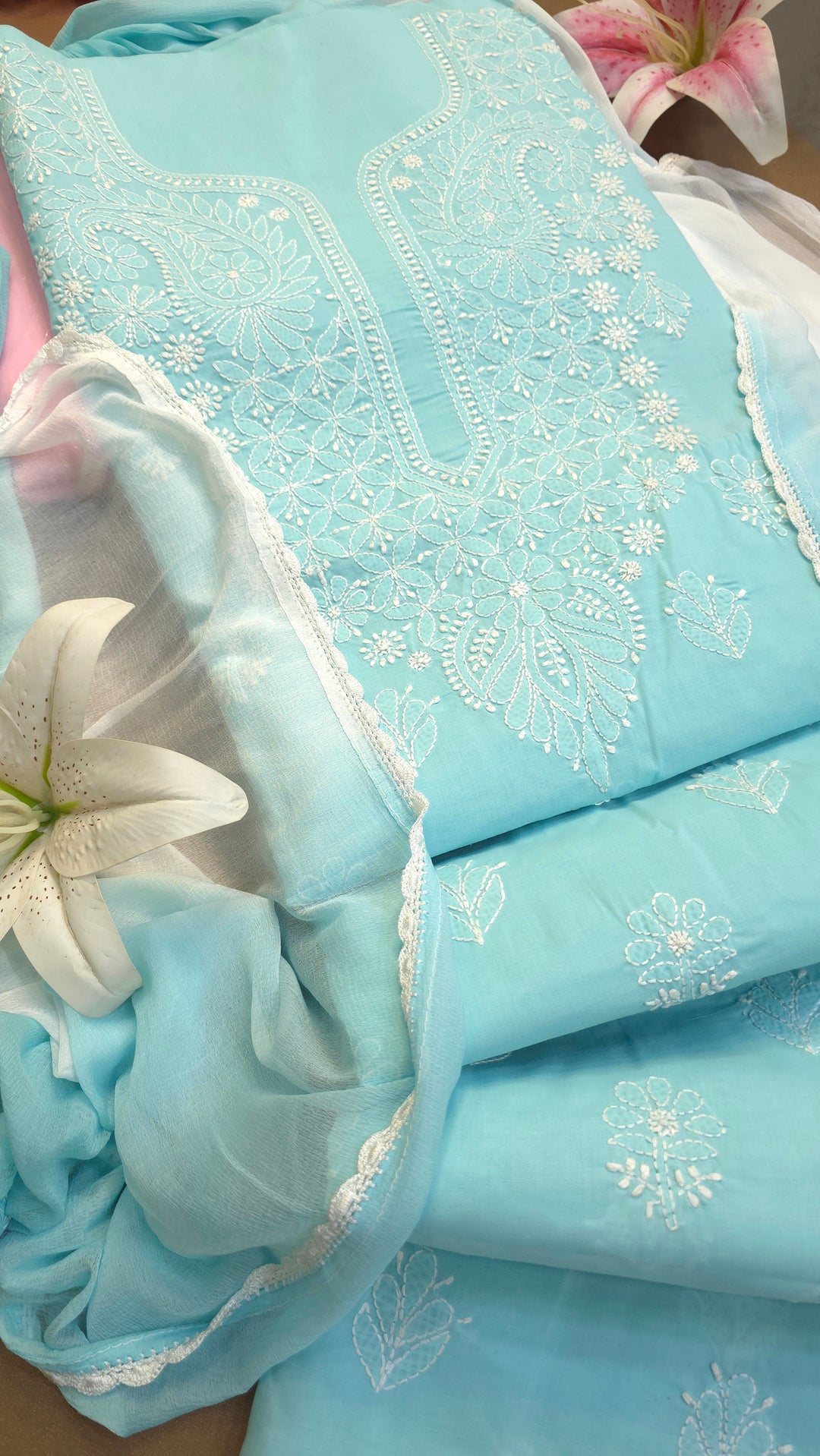 Paridhan Chikan Premium Handcrafted Chikankari Cotton Suit Set | Unstitched Dress Material with Chiffon Dupatta | Made in Lucknow