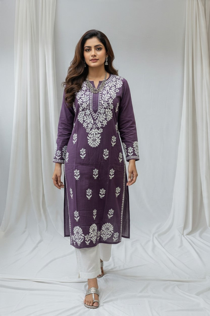 Saba Rayon Chikankari Hand Embroidered Kurti for Women | Premium Soft & Non-Transparent Fabric | 46 Inch Length | Lucknowi Chikan Kurta