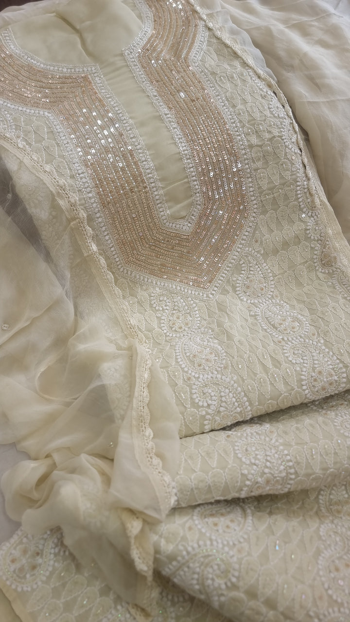 Silk Beige Hand Embroidered Chikankari Cotton Unstitched Dress Material with Sequins, Cutdaana, Resham & Badla Work