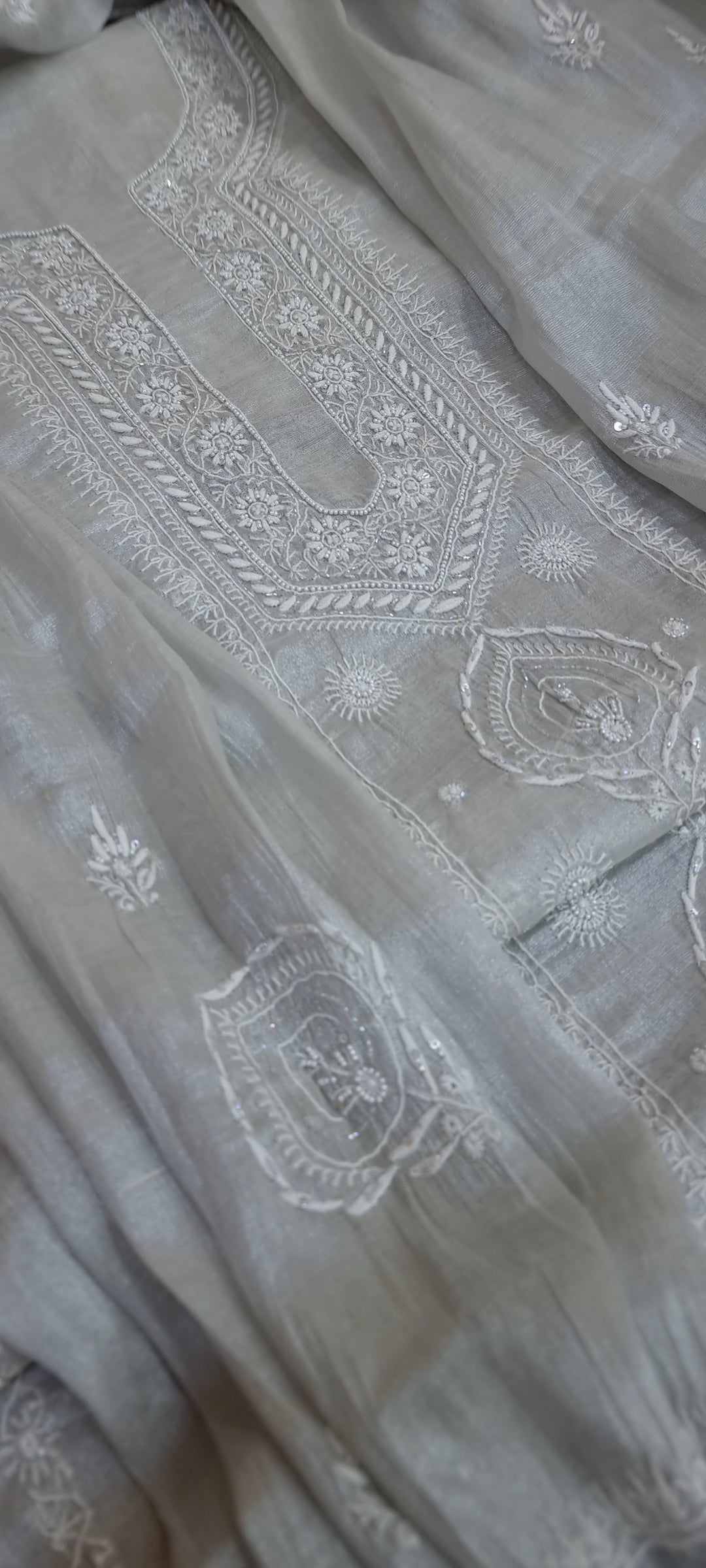 "2-Taar Hand Embroidered Chikankari Tissue Kurta & Dupatta Set – Cutdaana & Kasab Embellished | Paridhan Chikan"