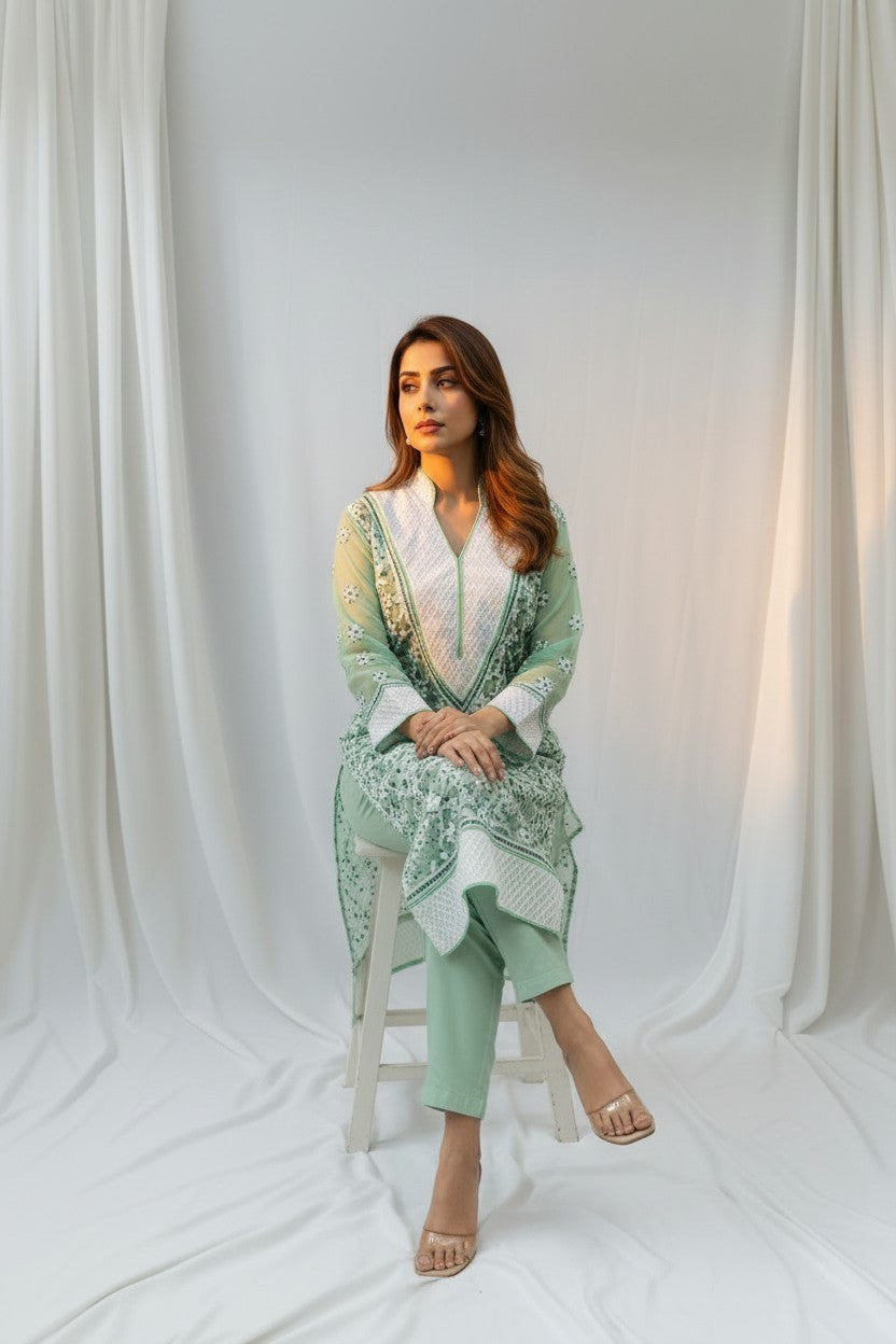 Women’s Georgette Chikankari Kurti – Designer Hand Embroidered Lucknowi Craft by Paridhan Chikan