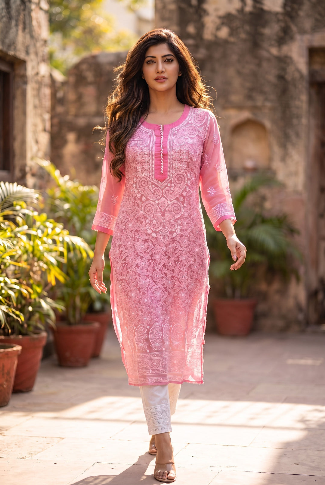 Georgette Lucknowi Chikankari 46" Long- front n back full embroidered Kurti | 100% Hand Embroidered| No Shrinkage