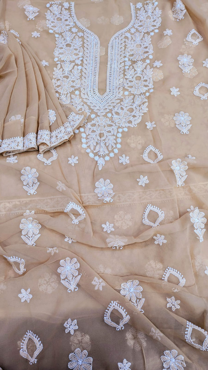 Lucknowi Georgette Chikankari Dress Material – Hand Embroidery Kurta, Bottom & Dupatta | Festive Queen Shades
