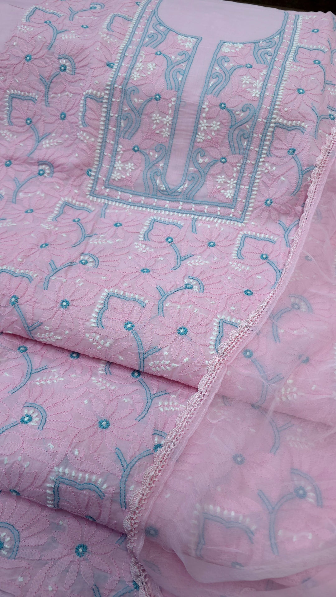 Lucknow Chikankari Hand Embroidered Cotton Dress Material with Tri-Color Motifs & Pure Chiffon Dupatta