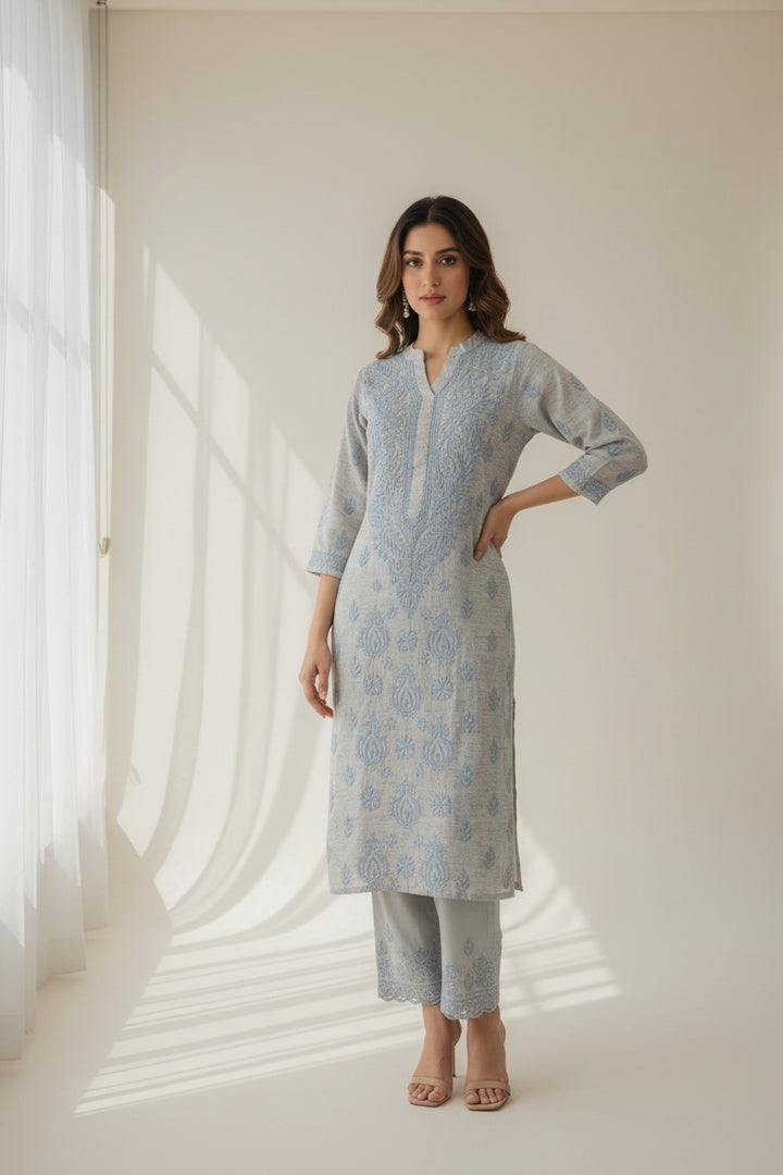 Pure Cotton Linen Lucknowi Chikankari Long Kurti | 100% Hand Embroidered | Non-Transparent | No Shrinkage