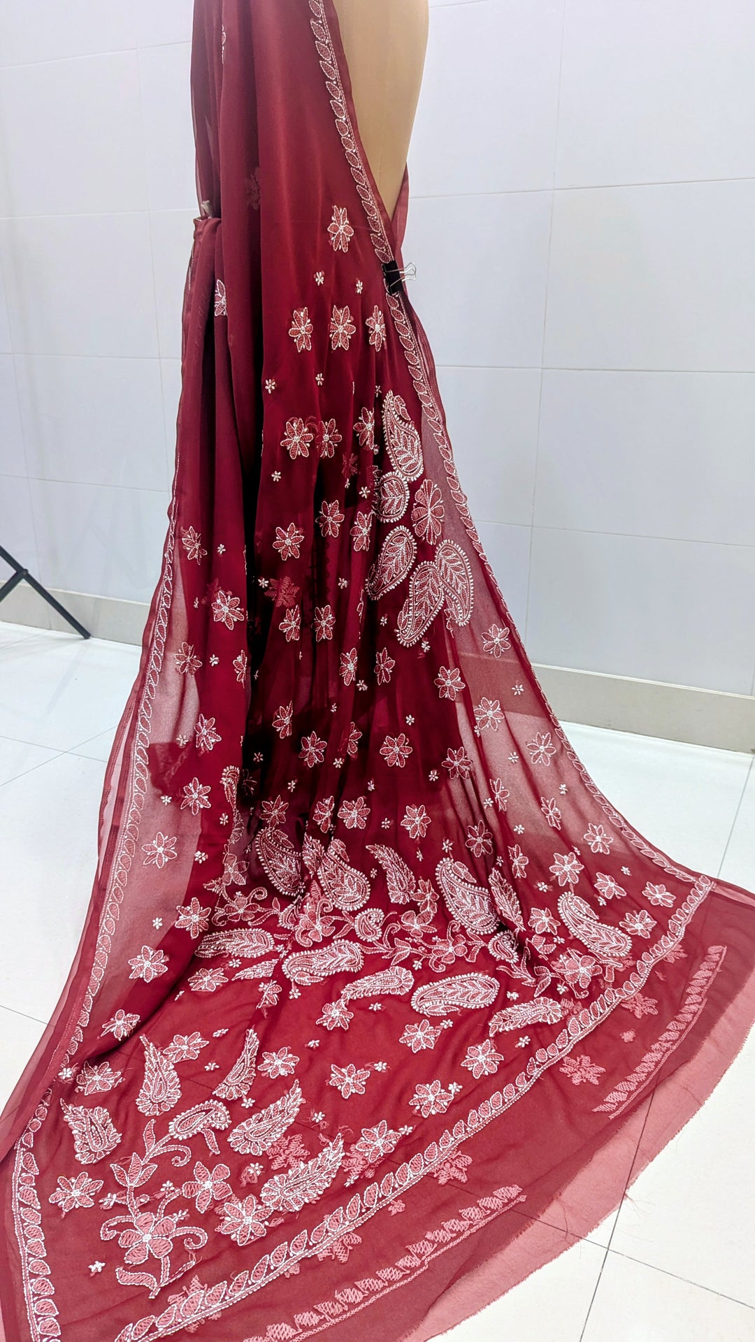 Faux Georgette Hand Chikankari Saree with Exclusive Border & Palla Design | Embroidered Blouse Included | Authentic Lucknow Handicraft by Paridhan Chikan