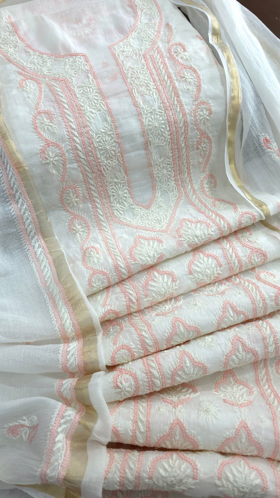 Pure Mul Chanderi 2 Taar Hand Embroidered Chikankari Unstitched Kurta (3 M) with Dupatta (2.5 M) – Lucknowi Festive Collection