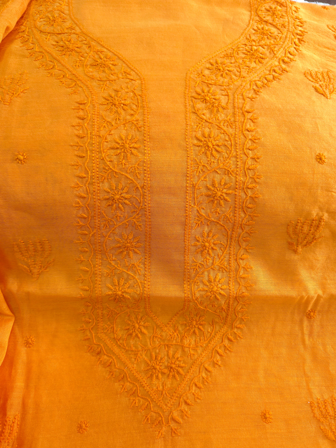 Tangerine Color Chanderi Hand Embroidered 2-Taar Chikankari Kurta & Dupatta Set | Paridhan Chikan (Copy)