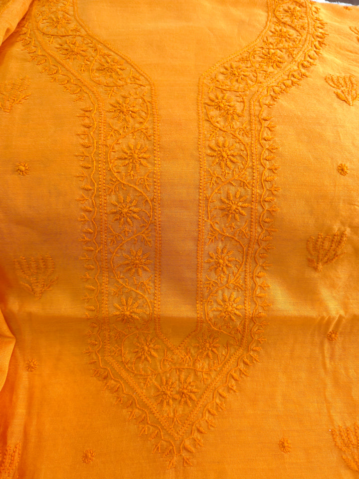 Tangerine Color Chanderi Hand Embroidered 2-Taar Chikankari Kurta & Dupatta Set | Paridhan Chikan (Copy)