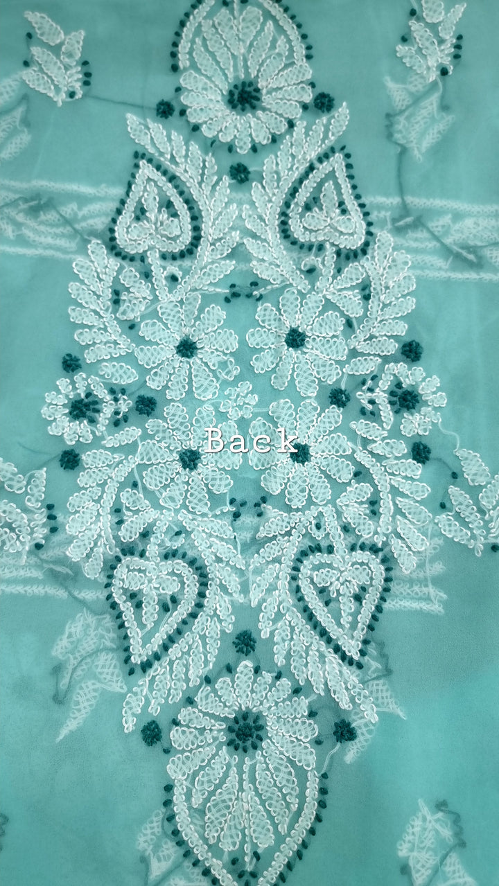 "Paridhan Chikan Sea Green Color Georgette Lucknowi Chikankari Unstitched Suit Set – Hand Embroidered Kurta, Bottom & Dupatta for Women"